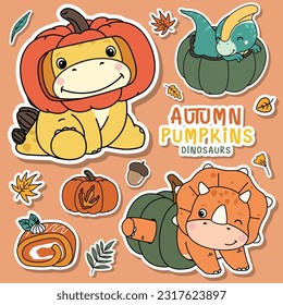 Doodle dinosaur Autumn Pumpkins illustration collection