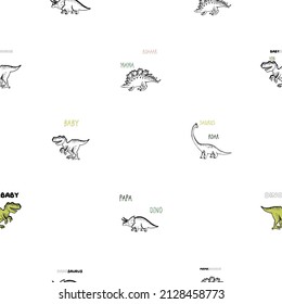 Doodle dinosaur background. Seamless pattern with dino family: stegosaurus, baby tyrannosaur, triceratops, roar brachiosaurus. Funny Dino collection. Textile design for children on white background.