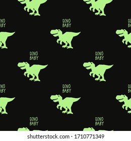 Doodle dinosaur black seamless with t-rex dino baby. Textile design on white background for kids and kindergarten. T-shirt tile design for baby boy or girl.