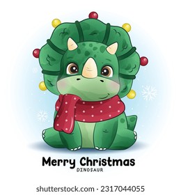 Doodle Dinosaur Christmas With Watercolor Illustration