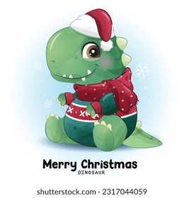 Doodle Dinosaur Christmas With Watercolor Illustration