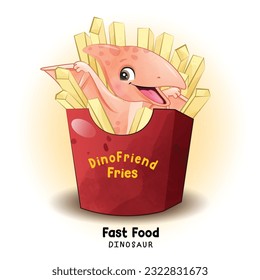Doodle dinosaur fast food with watercolor illustration