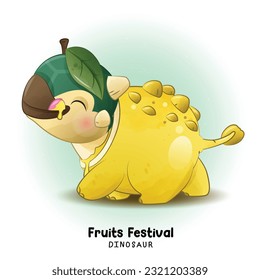 Doodle dinosaur fruits festival with watercolor illustration
