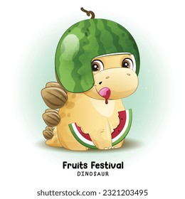 Doodle dinosaur fruits festival with watercolor illustration