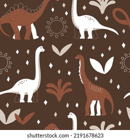 Doodle dinosaur on brown background with sun and plant. Seamless pattern with wild prehistoric animal