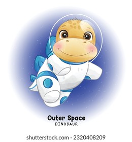 Doodle dinosaur outer space with watercolor illustration