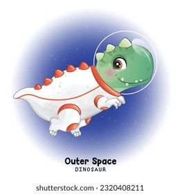 Doodle dinosaur outer space with watercolor illustration