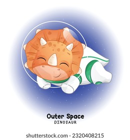 Doodle dinosaur outer space with watercolor illustration