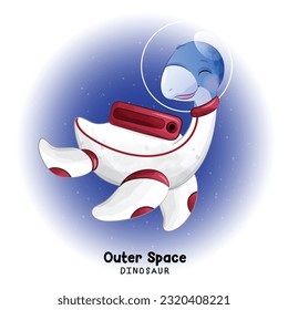 Doodle dinosaur outer space with watercolor illustration