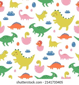 Doodle-Dinosauriermuster Kindernahtloser Druck mit süßen kleinen verspielten Dinos, für Kinder Textilien, Umhüllung, Tapete, Bekleidung. Vektorgrafik