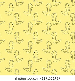 Doodle dinosaur pattern on yellow background. Seamless background. vector.