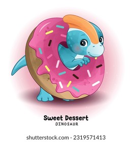 Doodle dinosaur sweet dessert with watercolor illustration