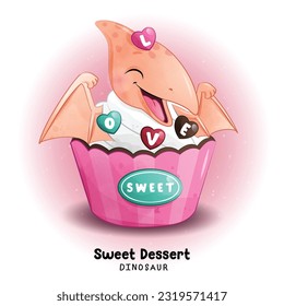 Doodle dinosaur sweet dessert with watercolor illustration