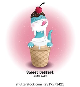 Doodle dinosaur sweet dessert with watercolor illustration