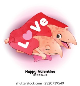 Doodle dinosaur valentine with watercolor illustration