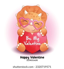 Doodle dinosaur valentine with watercolor illustration