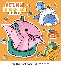 Doodle dinosaurs Autumn Pumpkins illustration collection