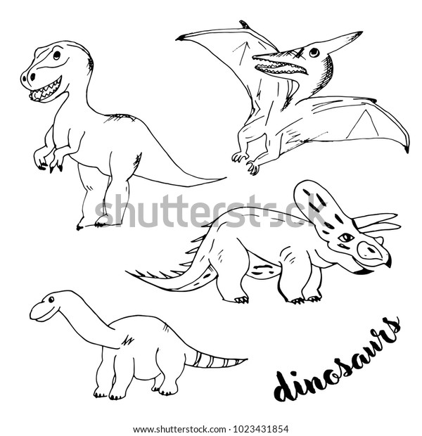 Doodle Dinosaurs Black Outline On White Stock Vector (Royalty Free ...