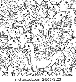 Doodle dinosaurs black and white seamless pattern for kids. Cute dino characters coloring page. Doodle outline background. Vector illustration