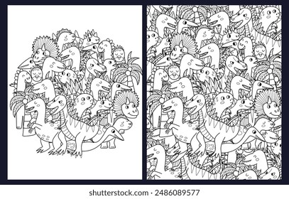 Doodle dinosaurios para colorear páginas de colección. Plantillas en blanco y negro con lindos personajes de dinosaurio. Fondo de esquema. Ilustración vectorial