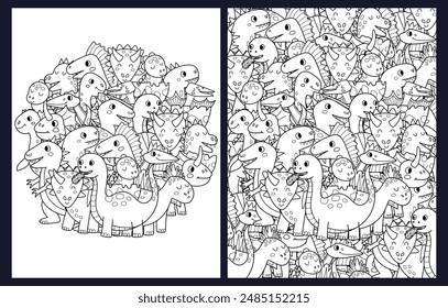 Doodle dinosaurios para colorear conjunto de páginas. Paquete de Plantillas blancas y negras con lindos personajes dino. Fondo de esquema. Ilustración vectorial