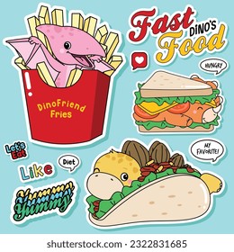 Doodle dinosaurs fast food illustration collection