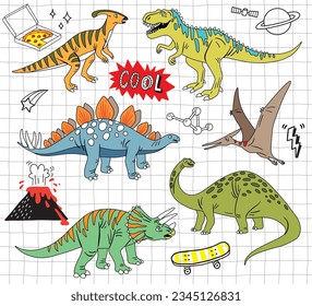 doodle dinosaurs notebook education illustration icon set