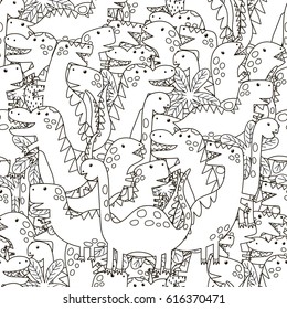 Doodle dinosaurs seamless pattern. Black and white cute dinos background. Great for coloring book, wrapping, printing, fabric and textile. Vector illustration