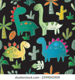 Doodle dinosaurs seamless pattern. Cute hand drawn vector illustration.