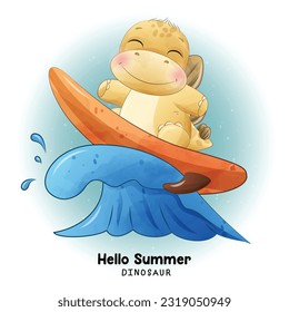 Doodle dinosaurs summer with watercolor illustration collection