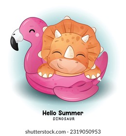 Doodle dinosaurs summer with watercolor illustration collection