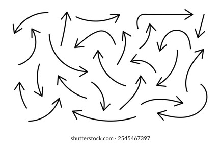 Doodle directions on white background. Different shaped lines. Outline flat design. Hand drawn simple arrows with editable stroke