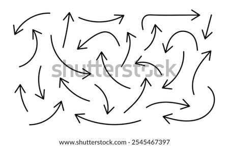 Doodle directions on white background. Different shaped lines. Outline flat design. Hand drawn simple arrows with editable stroke