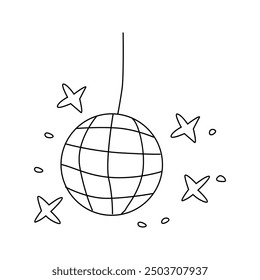 Doodle icono de contorno de bola de discoteca aislado. Objeto de fiesta con lindas estrellas retro de los años 90. Se puede utilizar para tarjetas de felicitación, logotipo, diseño de invitación.