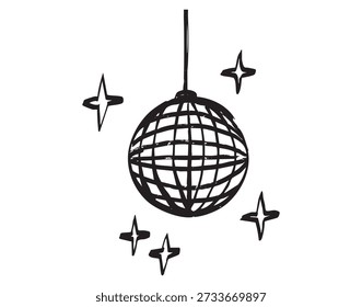 Bola de discoteca de doodle boceto irradiando celebración, líneas de cepillo de textura seca áspera, facetas de espejo de rejilla, brillos de estrellas circundantes, cable colgante, energía retro juguetona perfecta para la marca del partido, cartel,