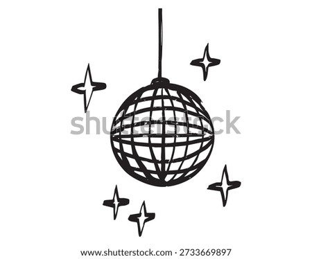 doodle disco ball sketch radiating celebration, rough dry texture brush lines, grid mirror facets, surrounding star sparkles, hanging cord, playful retro energy perfect for party branding, poster,