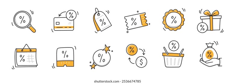 Doodle discount sale icon set. Discount percent, shop sale coupon hand drawn sketch line pen stroke style icon. Special price offer deal sketch doodle drawn collection. Vector illustration