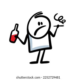 Doodle disgruntled alcoholic man with a bottle of wine and a cigarette in his hands. Vector hand drawn illustration of an unhealthy drunk on vacation.