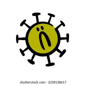 Doodle disgruntled bacterium is a virus covid with a human face and a grimace in a pandemic. Vector illustration on a medical topic.