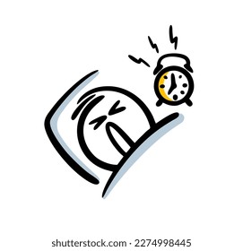 Doodle disgruntled man on the bed woke up early in the morning to the sound of an alarm clock. Cartoon vector illustration of a sleepy stickman.