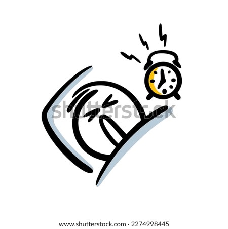 Doodle disgruntled man on the bed woke up early in the morning to the sound of an alarm clock. Cartoon vector illustration of a sleepy stickman.