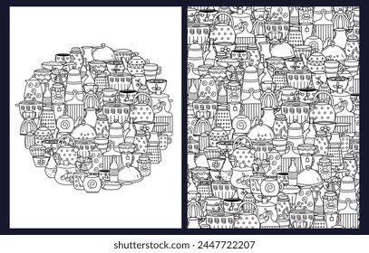 Doodle dishes coloring pages set. Black and white templates bundle with pans, cups, teapots and other kitchen things. Outline background. Vector illustration