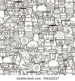 Doodle dishes seamless pattern. Black and white background with cups, pans, teapots and other kitchen things. Great for coloring book, wrapping, printing, fabric and textile. Vector illustration