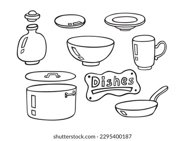 Doodle dishes vector set. Kitchen equipment and objects for cooking. Hand drawn style. Black and white.