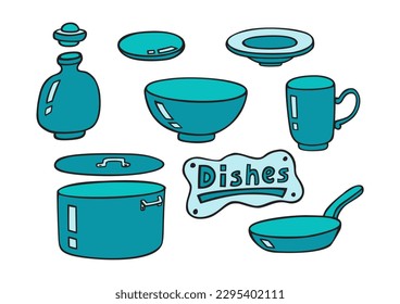 Doodle dishes vector set. Kitchen equipment and objects for cooking. Hand drawn style. Blue colors. Colorful collection.
