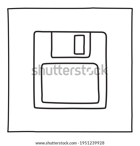 Doodle diskette save icon or logo, hand drawn with thin black line.