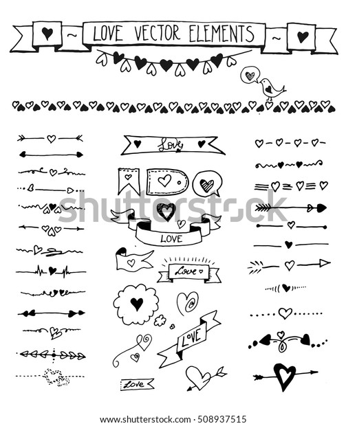 Doodle divider, arrow, border icons set with\
sketch hand drawn hearts\
elements.