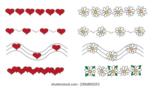 Separador de garabatos con corazón y camomila. Ornamentos vectoriales y guirnaldas con elementos decorativos. Los divisores establecen corazones y flores de amor para los cuadernos, diarios, banderas