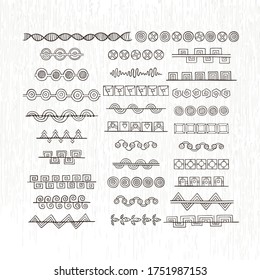 Diferentes de garabatos, líneas de pincel y bordes definidos. Colección de trazos y ornamentos dibujados a mano por vectores. Elementos y patrones de decoración rústica
