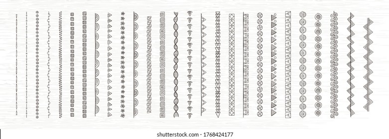 Diferentes de garabatos, líneas de pincel y bordes definidos. Colección de trazos y ornamentos dibujados a mano por vectores. Elementos y patrones de decoración rústica